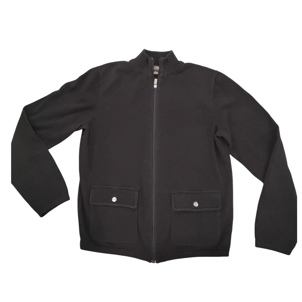Michael Kors Mens Full Zip Cardigan Sweater Black‎ Mock Neck Cotton Pockets M